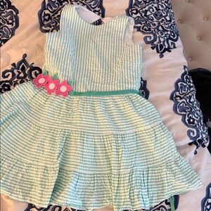 Florence Eiseman Mint and White Striped Dress with Pink Floral Accent